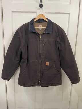 Carhartt Dark Brown Duck Canvas Work Jacket with Sherpa Collar